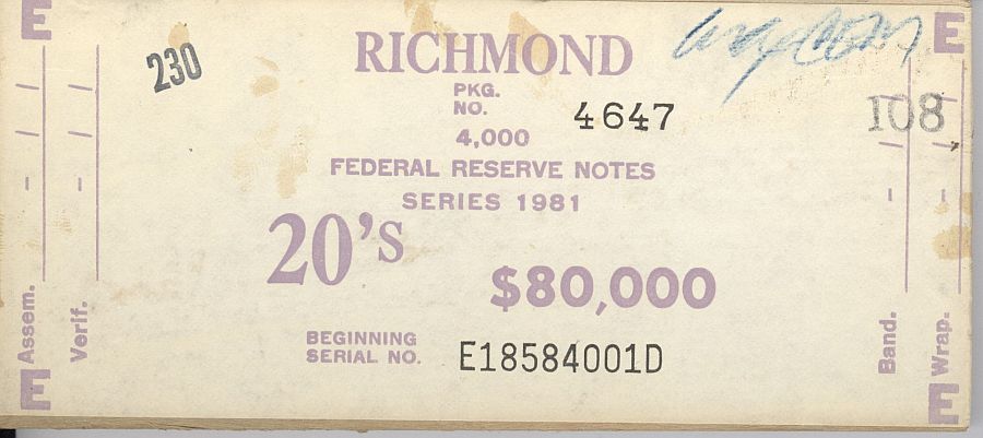 Fr.2073-E, BEP $80,000 Brick Packaging Label, 1981 Richmond $20 FRNs, E-D Block